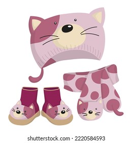 Illustration of a wool hat, boots and scarf set as a cat