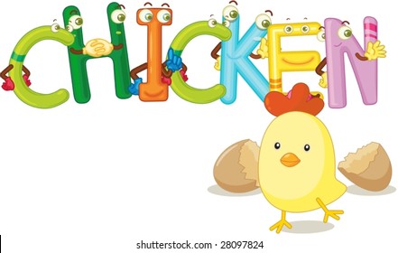 an illustration of the word chicken with a chick