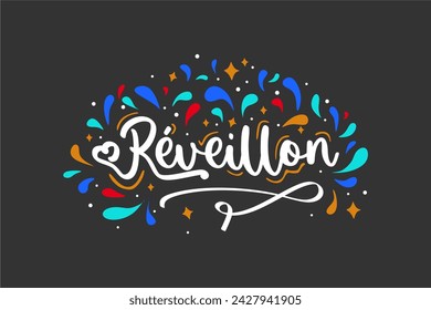 Illustration of the word Réveillon decorated by hand in Brazilian Portuguese on a dark background