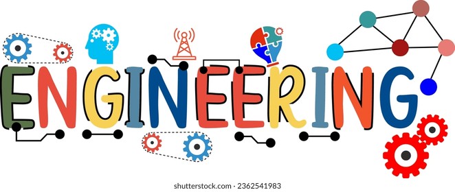 Illustration of the word ENGINEERING in the STEM (science, technology, engineering, and mathematics) education concept font design with ornamental icon elements