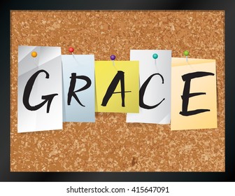 An illustration of the word "GRACE" written on pieces of colored paper pinned to a cork bulletin board. Vector EPS 10 available.