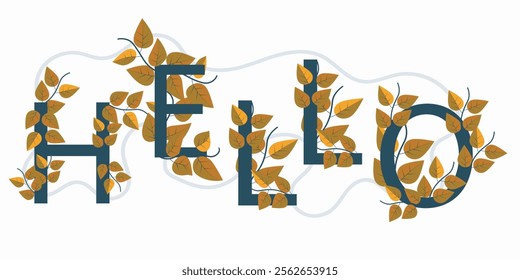 Illustration of the word "HELLO" decorated with autumn leaves and branches, representing a seasonal and natural theme.