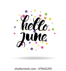 Illustration with the word Hello in June, and decorated with dots