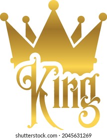 Illustration of the word king with a crown rising behind. Vector of King and crown in gradient golden colors.