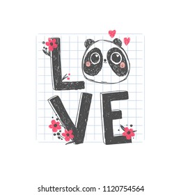 Illustration with word - love with cute panda face, hearts and flowers in a doodle style. Vector background.