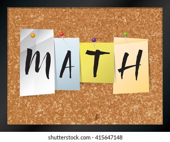 An illustration of the word "MATH" written on pieces of colored paper pinned to a cork bulletin board. Vector EPS 10 available.