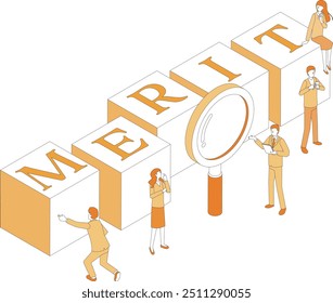Illustration of the word MERIT and people