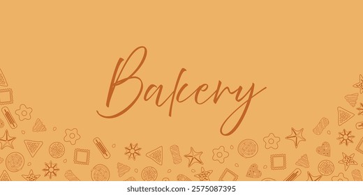 Illustration with the word “Bakery” on a warm yellow background with baking outlines around the edges.