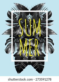 Illustration word slogan summer in a square white frame. The trendy tropic style. The art vector black mirror palm leaf. Print fashion floral background