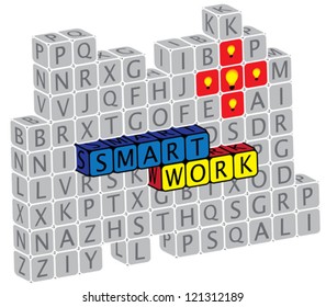 Illustration of word smartwork using alphabet(text) cubes. The graphic can represent concepts like creativity, innovation, problem solving, etc.