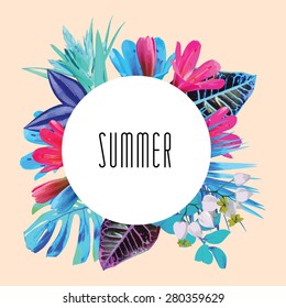 Illustration word summer in a round floral frame tropic flowers. Fashion summer wedding invitation vector print poster