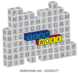 Illustration of word teamwork using alphabet(text) cubes. The graphic can represent concepts like friendship, togetherness, community, etc.