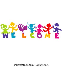 Illustration with word WELCOME and happy children