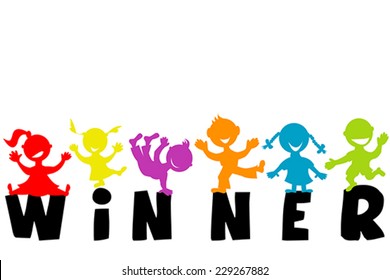 Illustration with word WINNER and happy children silhouettes