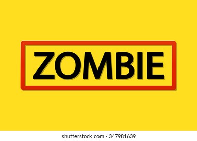illustration of word zombie on yellow background with red frame