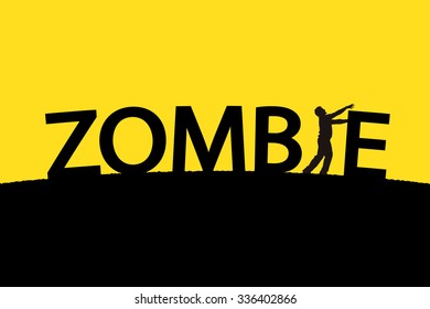 illustration of word zombie with single silhouette of man on yellow background