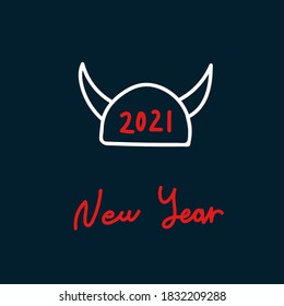 Illustration with the words 2021 New Year in the style of Doodle . New year vector image with horns, symbol of 2021 New year, for Christmas cards. The winter Doodle is beautifully hand-drawn. Happy