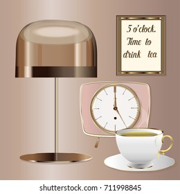 Illustration with the words " 5 o'clock. Time to drink tea". For lovers of tradition. With a vintage clock and a table lamp.