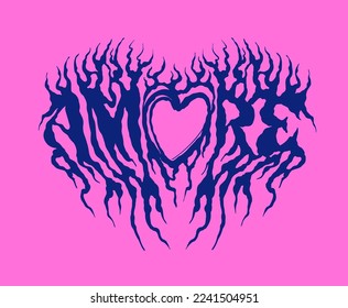 Illustration of the words "Amore" and a heart shape in a rock grunge music style, depicted as a flame