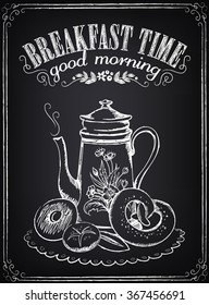 Illustration with the words Breakfast time, teapot and bakery. Freehand drawing with imitation of chalk sketch 