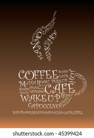 Illustration of words froming a hot cup of coffee