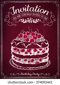 Illustration with the words Invitation and berry cake. Freehand drawing with imitation of chalk sketch