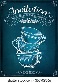 Illustration with the words Invitation and cups. Freehand drawing with imitation of chalk sketch