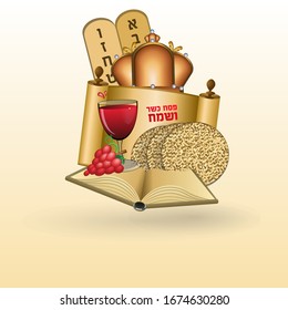 Illustration with the words kosher and happy Passover holiday, which has matzo wine book and Passover design, with Moshe plates, and Hebrew letters