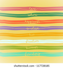 Illustration with words in stripes: love, nature, emotion, happiness, sun, freedom, summer, friendship