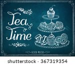 Illustration with the words Tea Time. A three-tiered stand with sweet pastries. Freehand drawing with imitation of chalk sketch 