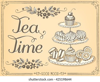 Illustration with the words Tea Time three-tiered stand with sweet pastries. Freehand drawing with imitation of sketch  svg