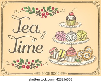 Illustration with the words Tea Time three-tiered stand with sweet pastries. Freehand drawing with imitation of sketch 