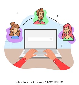 illustration of work at the computer with avatars of characters from the first person