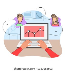 illustration of work at the computer with avatars of characters and the schedule from the first person