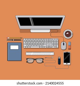 Illustration of work computer desk flat design