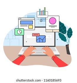 illustration of work at the computer with interface elements from the first person
