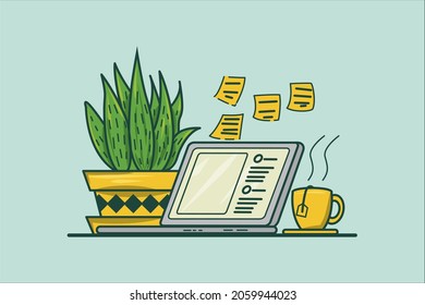 Illustration of a work desk complete with a laptop and sticky notes on the top of the laptop and ornamental plants beside the laptop