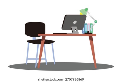 Ilustración de un escritorio de trabajo con una computadora, lámpara y silla, ilustración de Vector de trabajo de negocios