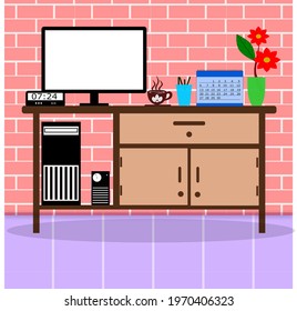 illustration of work desk with computer, monitor screen, digital clock, calendar, cup of coffee, flowers in a vase, stationery indoors with brick walls