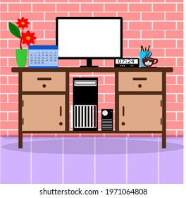 illustration of work desk with computer, monitor screen, digital clock, calendar, cup of coffee, flowers in a vase, stationery indoors with brick walls