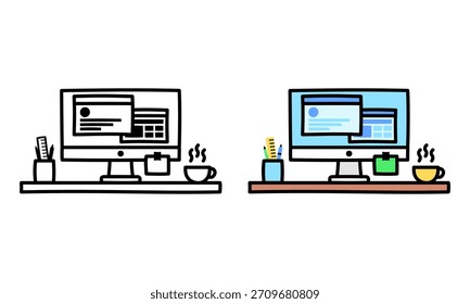Illustration eines Arbeitstisches und PC, sehr geeignet für die Verwendung in verschiedenen Design-Anforderungen wie Poster, Vorlagen, Web, Social Media, Apps, Banner und andere.