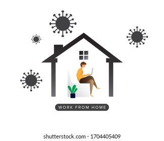 Illustration Work at home during an outbreak of the COVID-19 virus. Person working on laptop. Self-quarantine concept