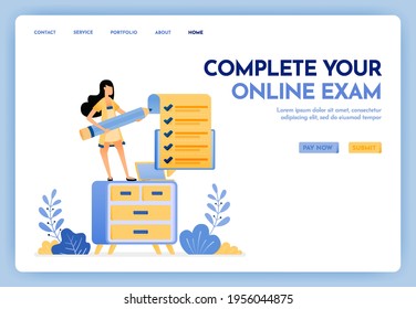 Illustration of work at home. Freelance woman holding a pencil and completing online exam or survey. Study at home with a laptop. Design concept for banner, landing page, web, website, poster, ui ux