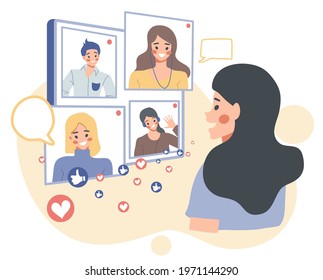 illustration work from home online meeting Video conference cute cartoon flat vector