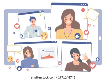 illustration work from home online meeting Video conference cute cartoon flat vector