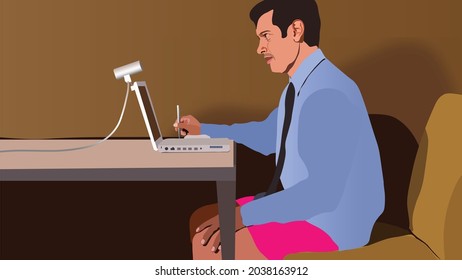 Illustration Of Work From Home Wearing Home Clothes While Having An Online Meeting In Front Of The Computer. Awkward Moments In Vector Illustration 