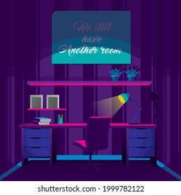 illustration work office night another room. WIth purple-blue color.