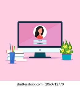 Illustration of work online, remote access. Female avatar at the entrance to the site. Monitor and workplace