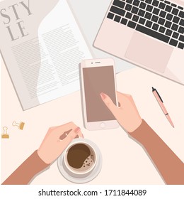 Illustration of work place top view with computer, female hands and magazine.