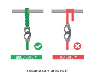 illustration of work safety dos and don'ts. improper installation of seat belts. comparison of safe and unsafe conditions. use of additional safety ropes to prevent falls